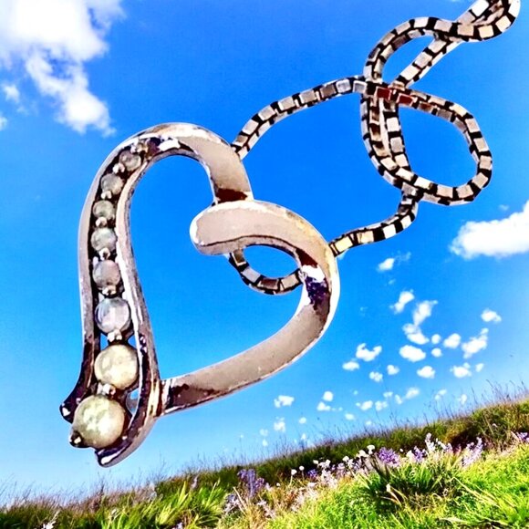 Vintage Necklace Sterling Silver Heart Pendant Aurora Borealis Rhinestone PAS - Picture 5 of 15